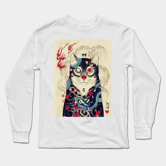 JAPANESE CAT IN SNAKE TATTOO Long Sleeve T-Shirt by BulganLumini
